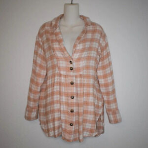 Free People Peach and White Plaid Button-Front Tunic